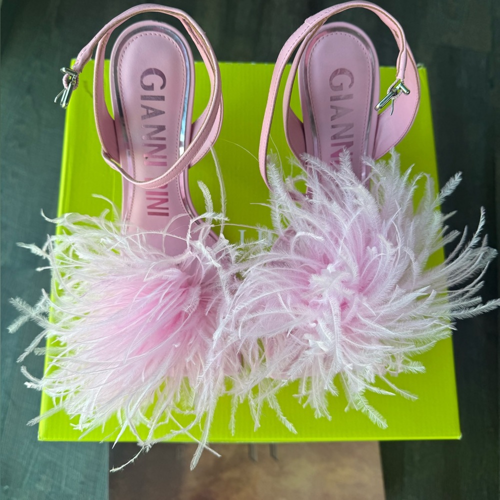 Gianni Bini Pink Marabou Feather Heels Size 8 Square Toe Leather Y2K 2000s - Picture 5 of 5